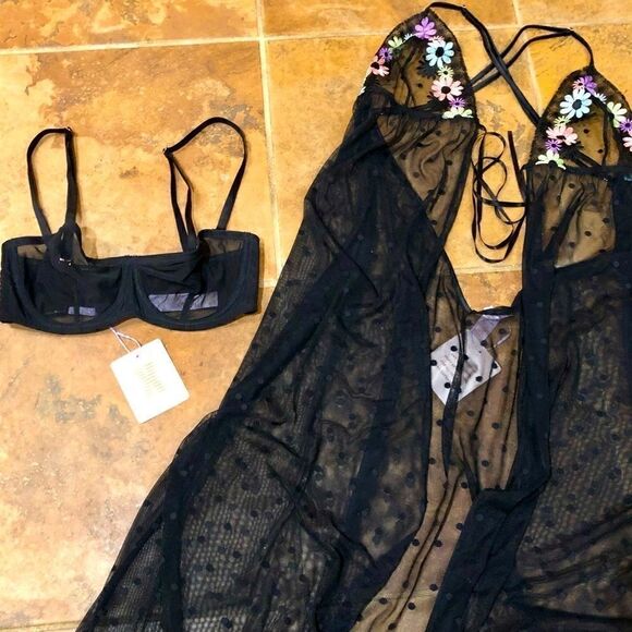 SAVAGE X FENTY (2 PC SET) SHEER BLACK ROBE (L) & BRA (32D) NWT - Picture 2 of 16